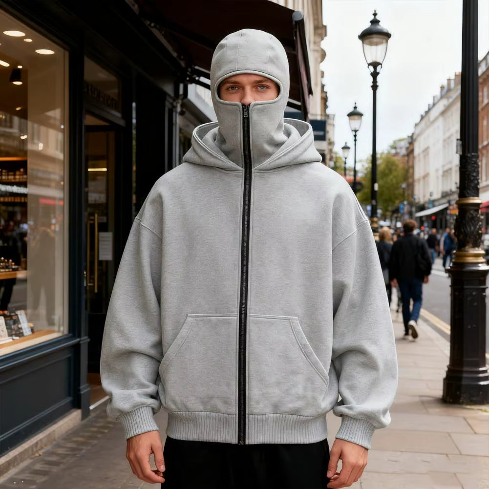 Men's Wind-Resistant Balaclava Hoodie Zip-Up Jacket - Athletic Sweatshirt with Mask and Pockets for Outdoor Sports