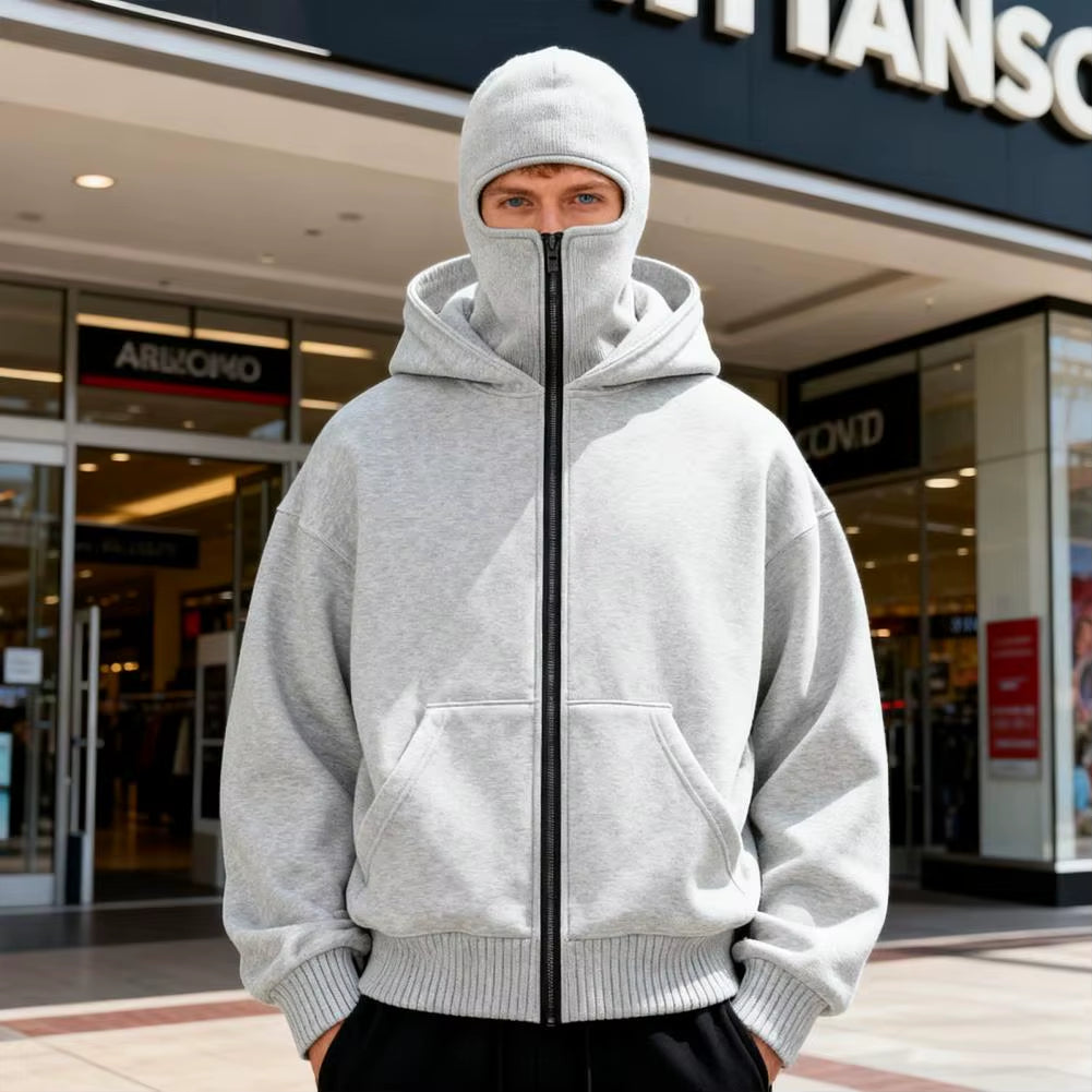 Men's Wind-Resistant Balaclava Hoodie Zip-Up Jacket - Athletic Sweatshirt with Mask and Pockets for Outdoor Sports