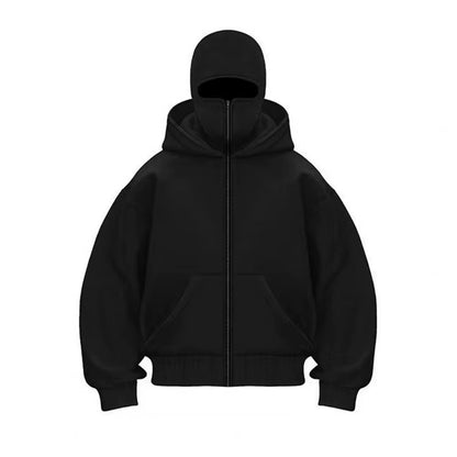 Men's Wind-Resistant Balaclava Hoodie Zip-Up Jacket - Athletic Sweatshirt with Mask and Pockets for Outdoor Sports